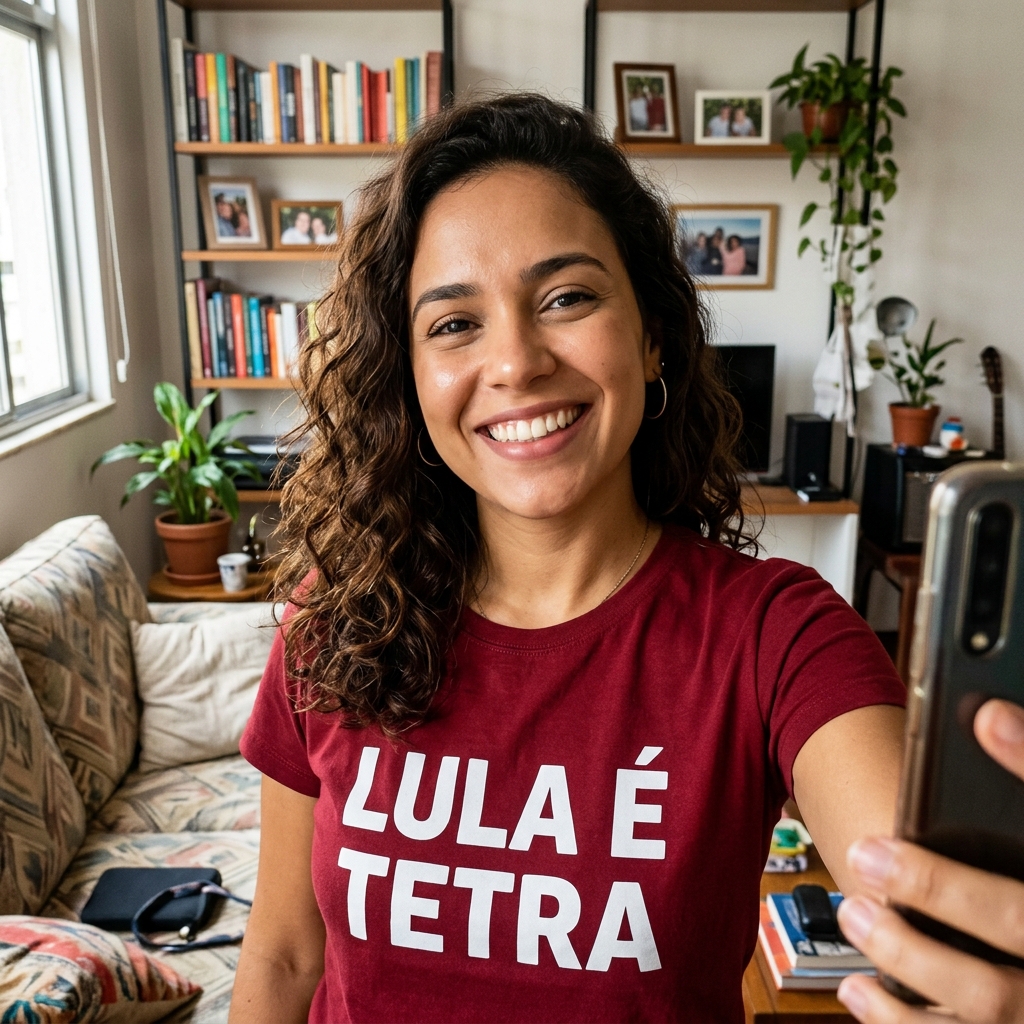 Foto da cliente feliz com a camiseta